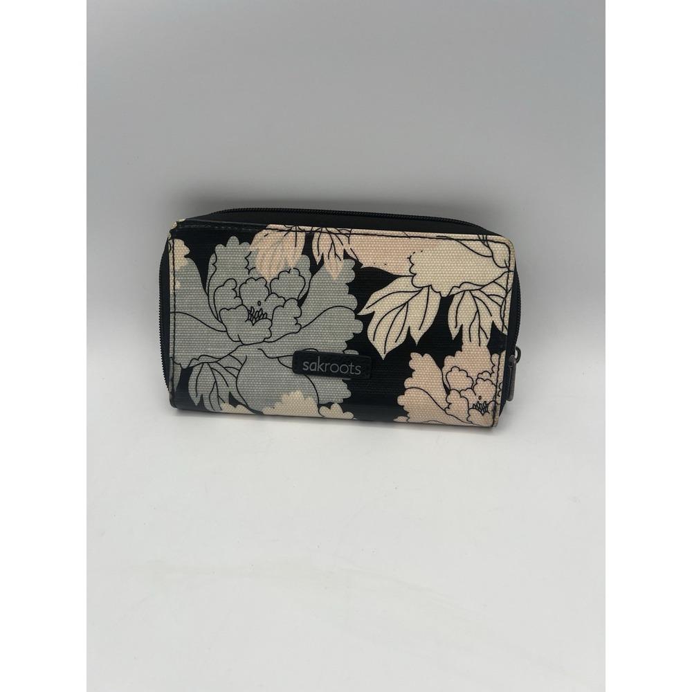 Sakroots Large Black Peony Zipper Clutch Ladies Wallet Stadium Size Black Pink
